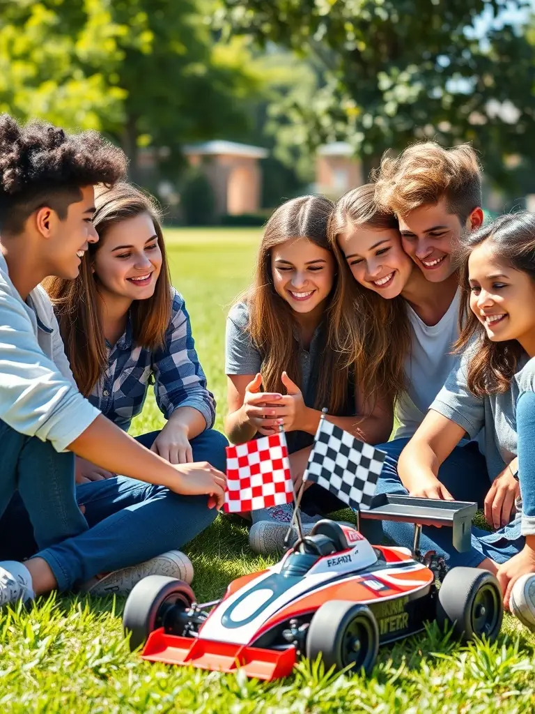 A diverse group of young people participating in a team-building exercise at a motorsport event, working together to solve a problem related to racing strategy and logistics.