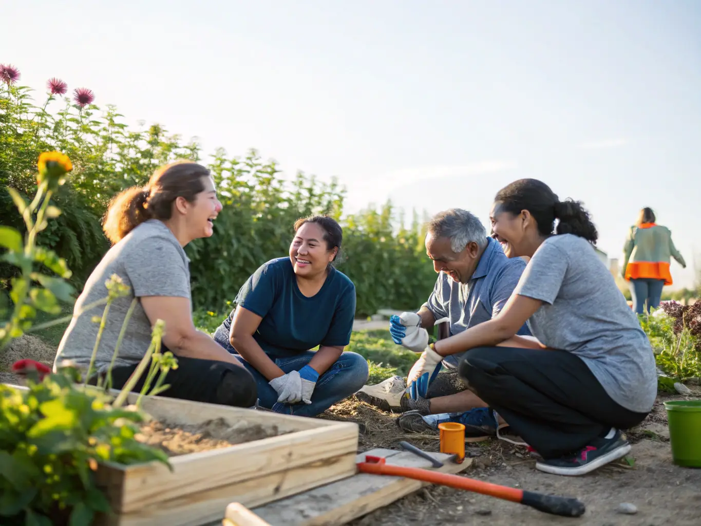 A photo of volunteers and participants working together on a community project related to motorsports, such as restoring a classic car or organizing a local race event.