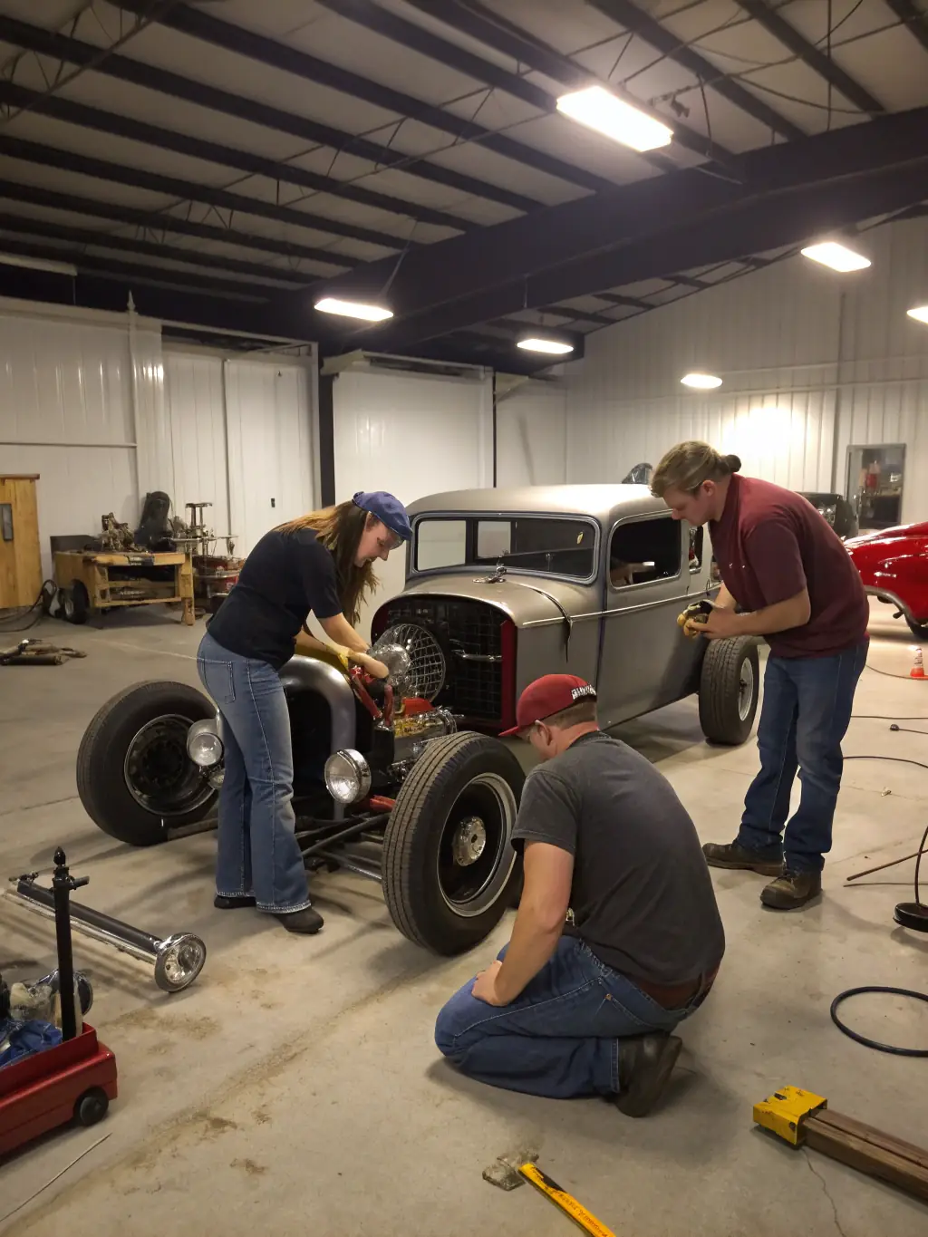 A group of teenagers gathered around a race car engine, guided by an experienced mechanic, learning about the inner workings and maintenance of motorsport vehicles in a workshop setting.