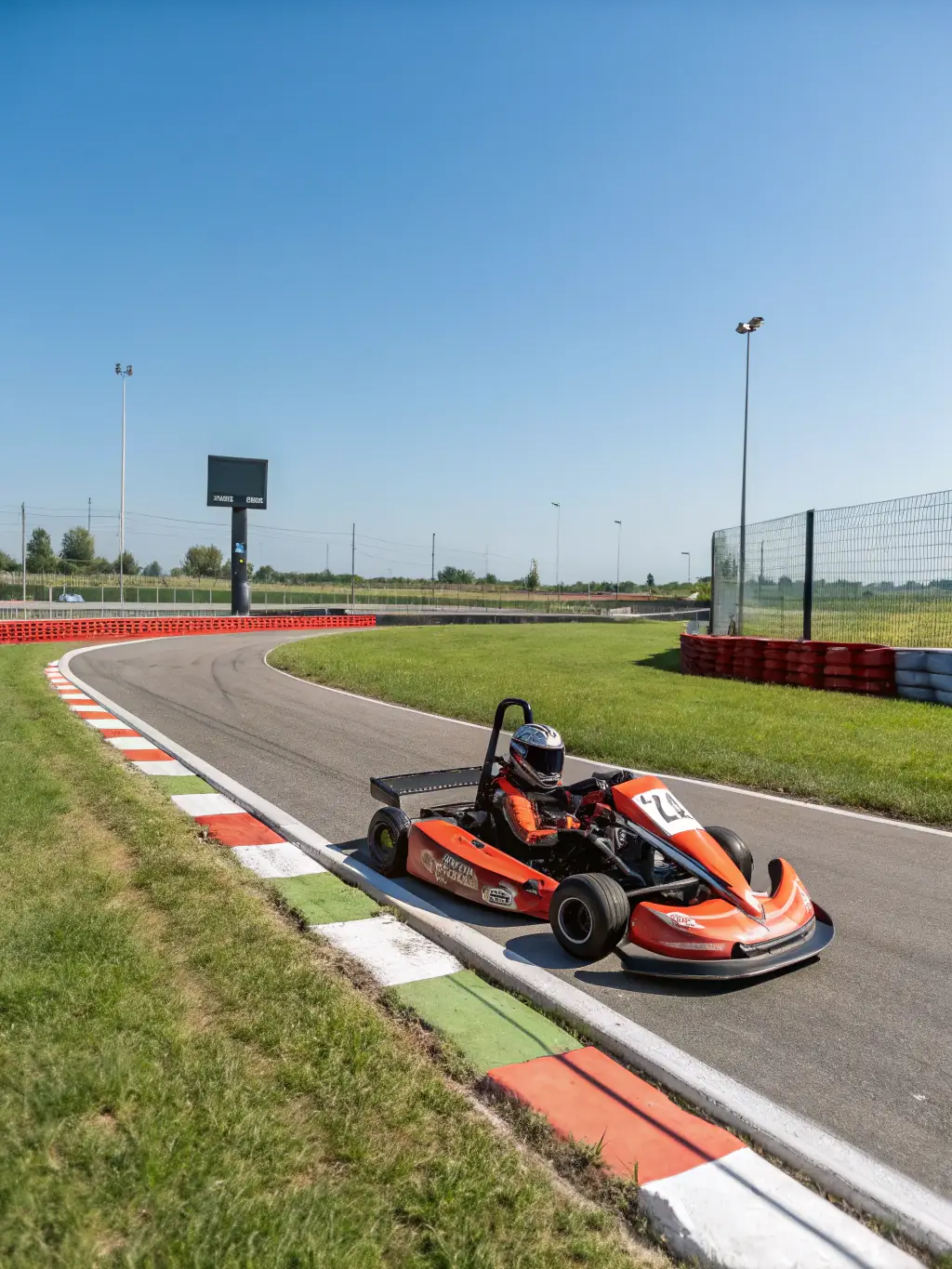 A young participant in the Youth Motorsport Training Program, wearing a helmet and racing suit, confidently adjusting the steering wheel of a go-kart on a sunny outdoor track, showcasing the hands-on learning experience.