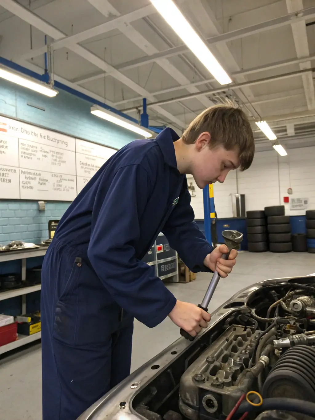 A focused shot of a young participant learning about vehicle mechanics from an experienced instructor, emphasizing the educational aspect of the program.