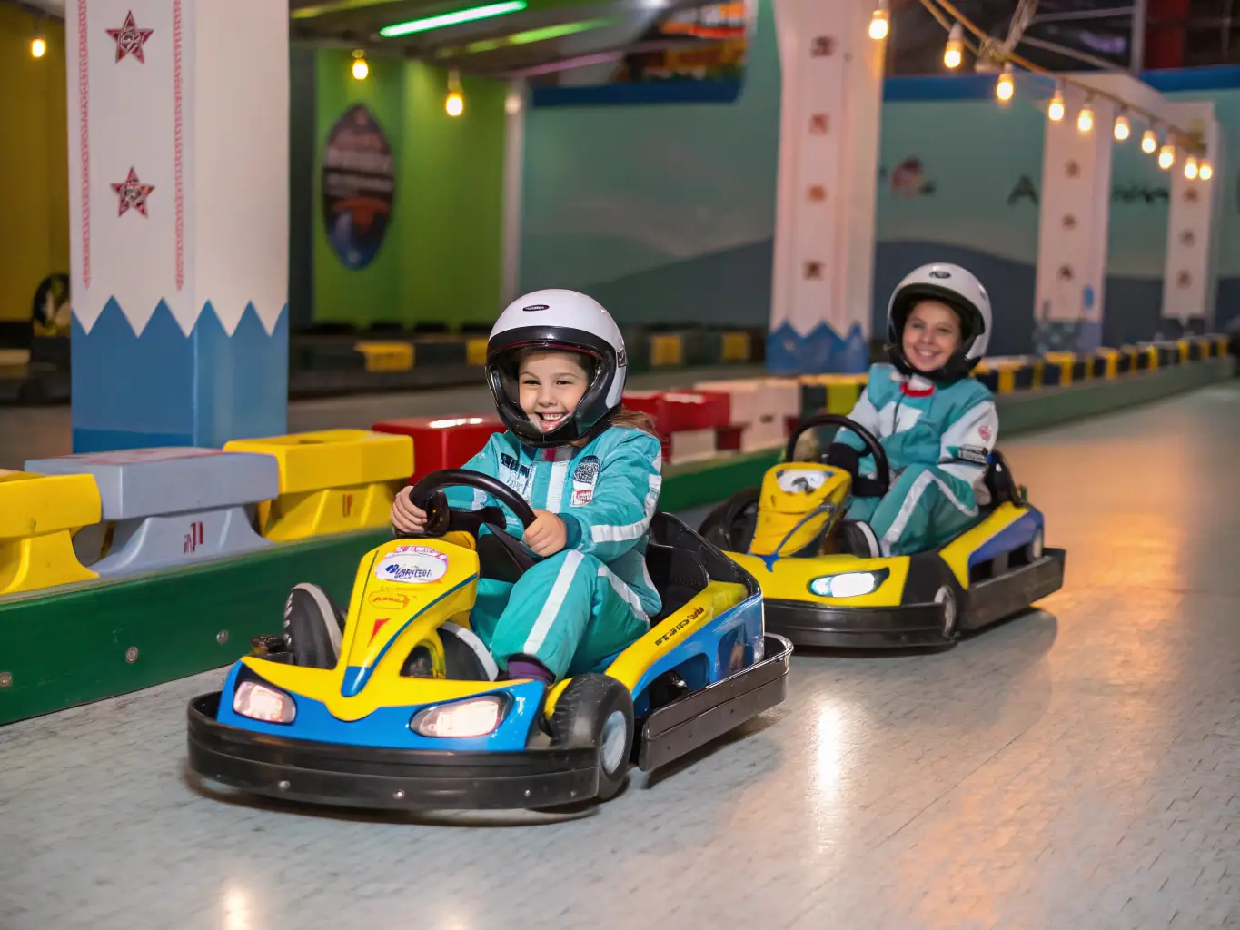 A dynamic image of young drivers participating in a supervised karting session on a professional track. The focus is on the excitement and skill development involved in the activity.