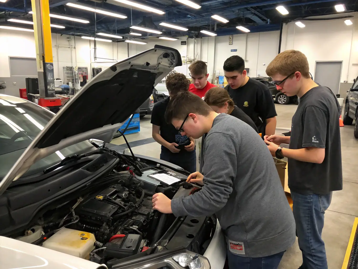 A group of young participants gathered around a race car, learning about its mechanics from an instructor. The scene is set in a well-equipped garage, emphasizing the educational aspect of the program.